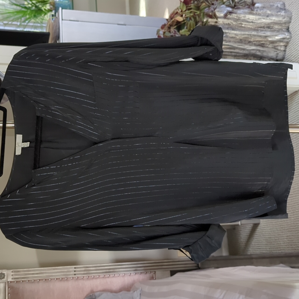 Joie Black Silk Blouse with Black Shiny Vertical Stripes